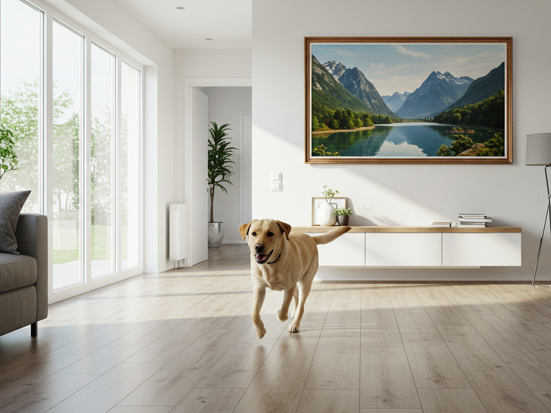 Golden retriever resting on vinyl floor